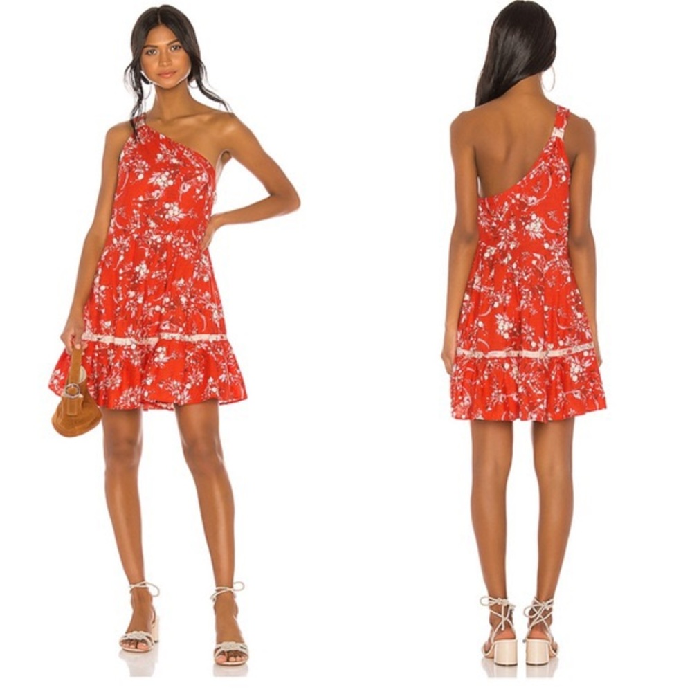 Free People One Shoulder Linen Floral Mini Dress Red Boho - Picture 2 of 12